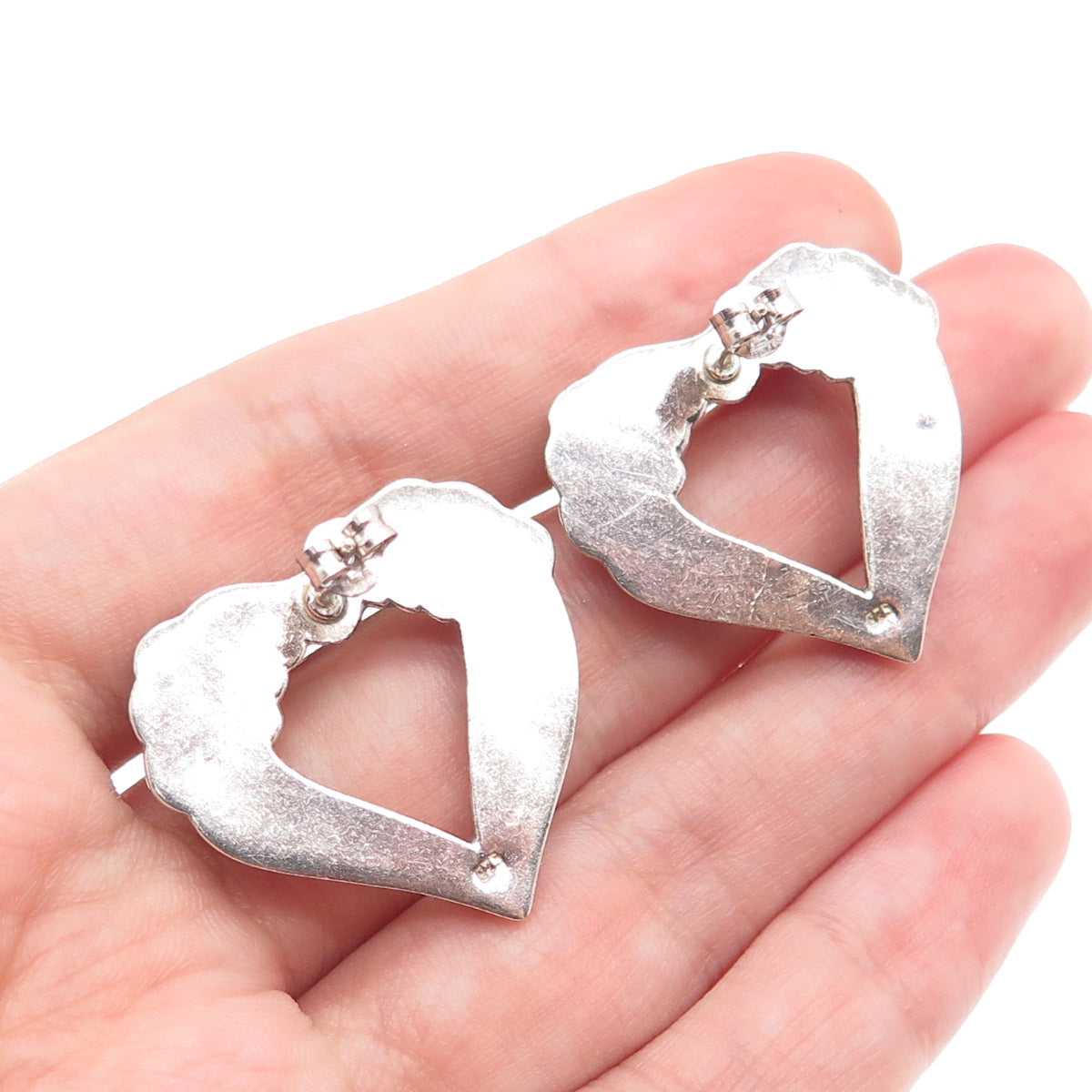 925 Sterling Silver Vintage Modernist Open Heart Earrings