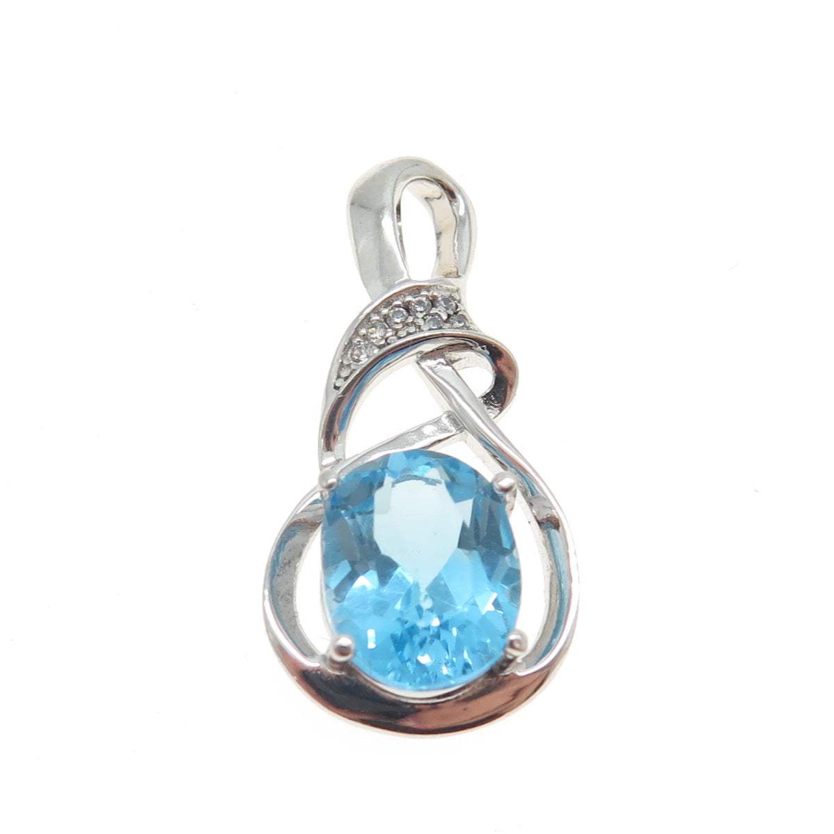 925 Sterling Silver Real Round-Cut Diamond & Blue Topaz Twisted Pendant