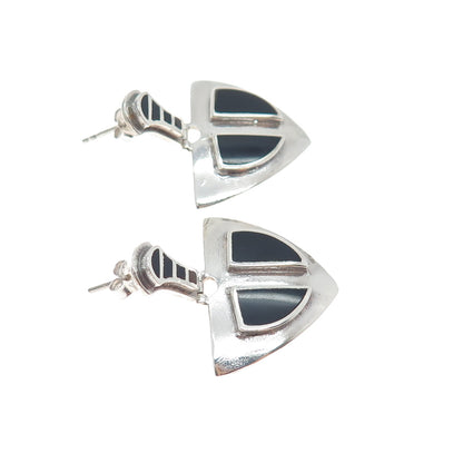 925 Sterling Silver Vintage Real Black Onyx Modernist Arrow Dangle Earrings