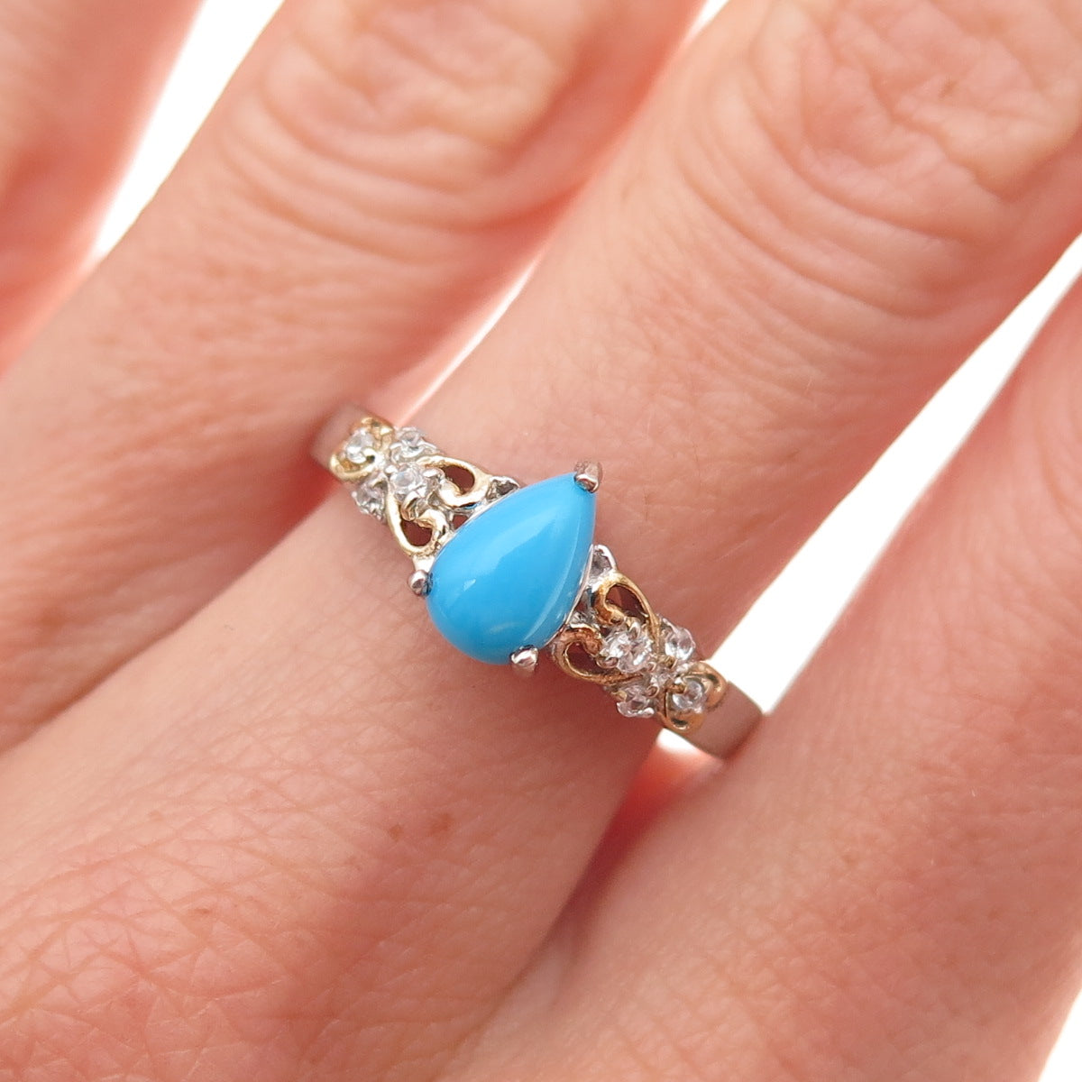 Chuck Clemency 925 Sterling Silver 2-Tone Real Turquoise & Topaz Ring Size 8.25