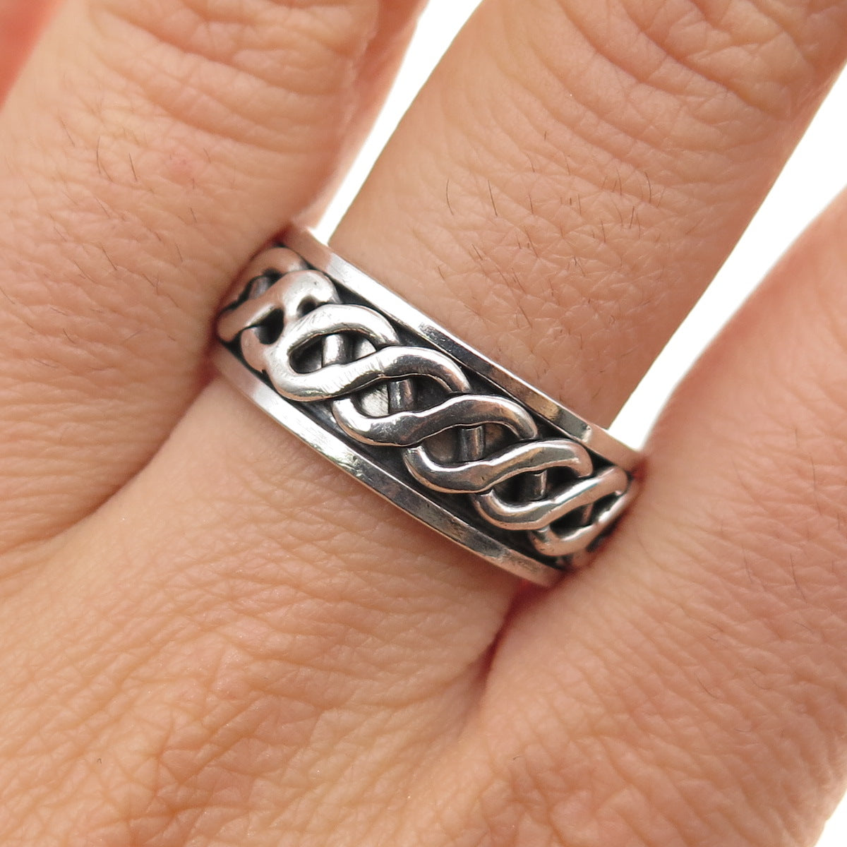 925 Sterling Silver Vintage Braided Oxidized Rotating Band Ring Size 9.75