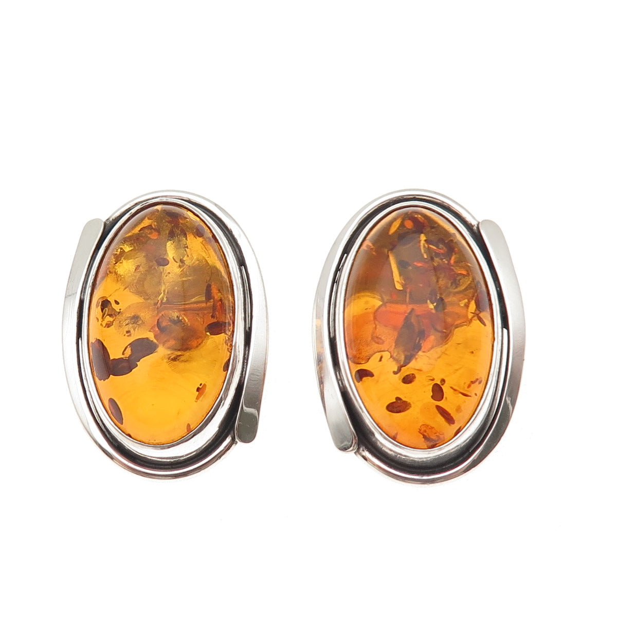 925 Sterling Silver Vintage JB Poland Real Amber Modernist Clip On Earrings