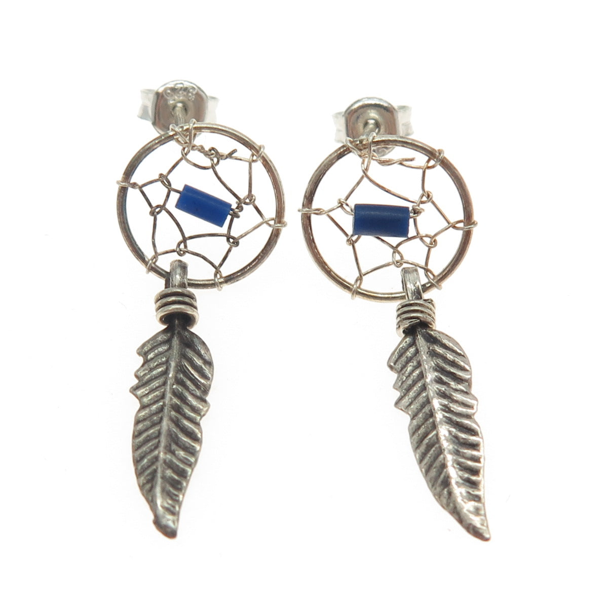 925 Sterling Silver Vintage Southwestern Real Lapis Dreamcatcher Tribal Earrings