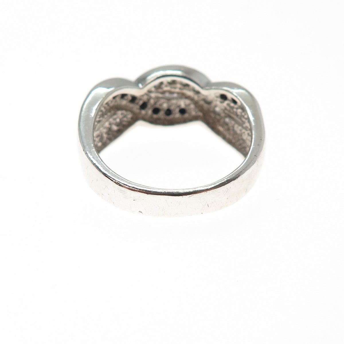 925 Sterling Silver Real Black Spinel & C Z Twisted Infinity Ring Size 6.25