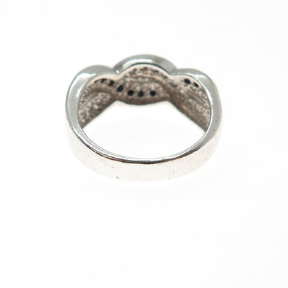 925 Sterling Silver Real Black Spinel & C Z Twisted Infinity Ring Size 6.25