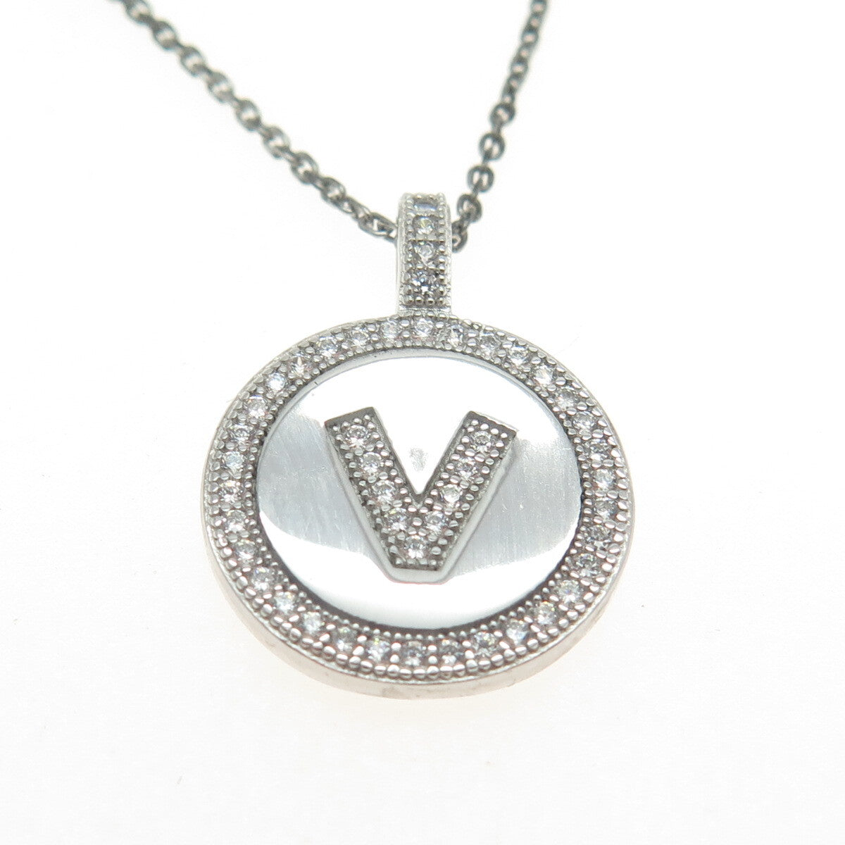 925 Sterling Silver Round-Cut C Z Letter "V" Initial Cable Chain Necklace 16"