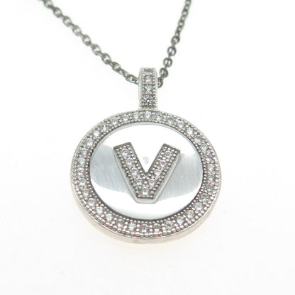 925 Sterling Silver Round-Cut C Z Letter "V" Initial Cable Chain Necklace 16"