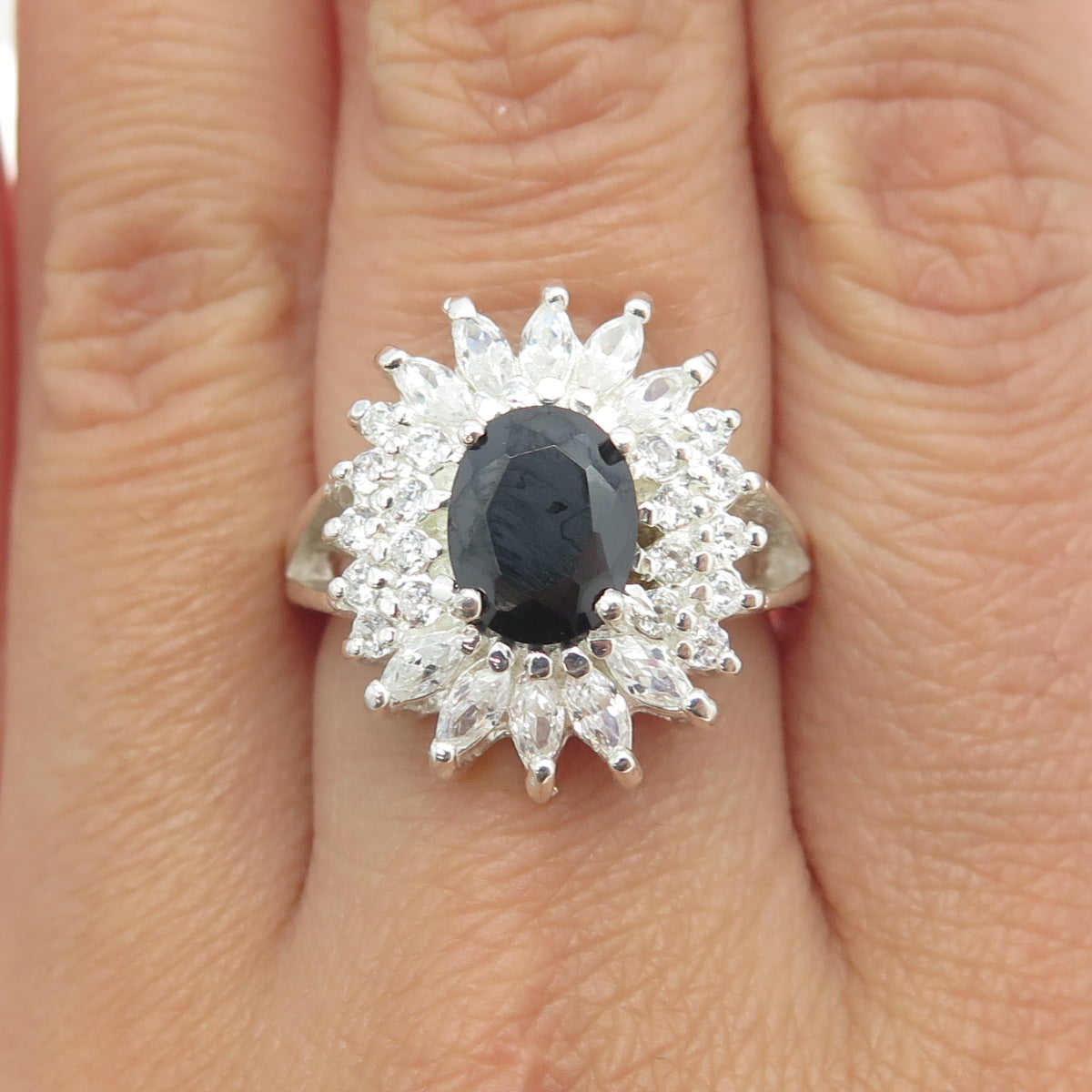 925 Sterling Silver Real Black Spinel Gemstone & C Z Ring Size 8