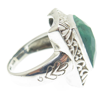 925 Sterling Silver Real Checkered Emerald Gemstone Ornate Frame Ring Size 8