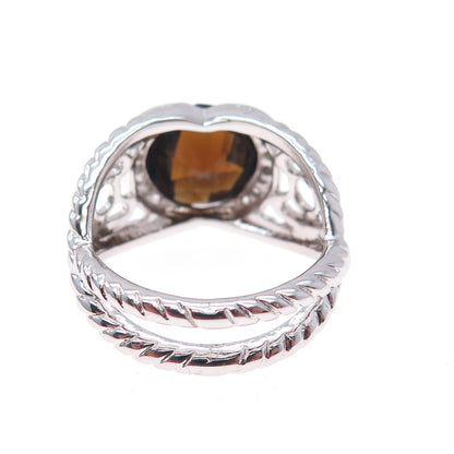 925 Sterling Silver Real Smoky Quartz & C Z Crisscross Ring Size 7