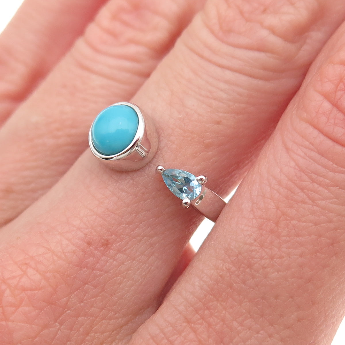 925 Sterling Silver Real Turquoise & Blue Topaz Adjustable Ring Size 8.25
