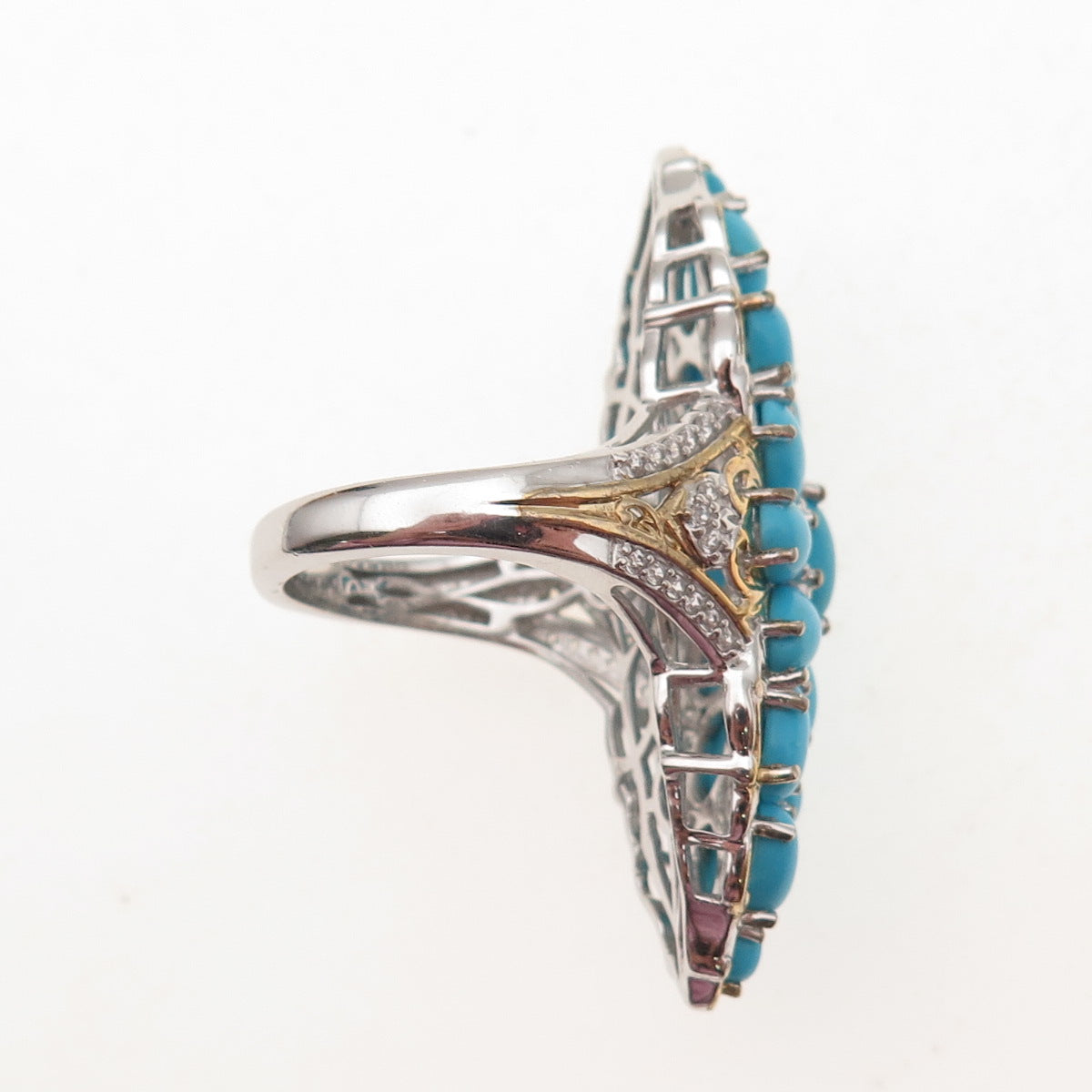 D'Joy 925 Sterling 2-Tone Real Sleeping Beauty Turquoise White Topaz Ring Size 8