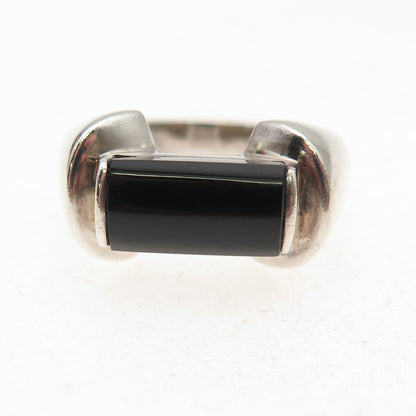 925 Sterling Silver Vintage Real Black Onyx Modernist Oxidized Ring Size 9