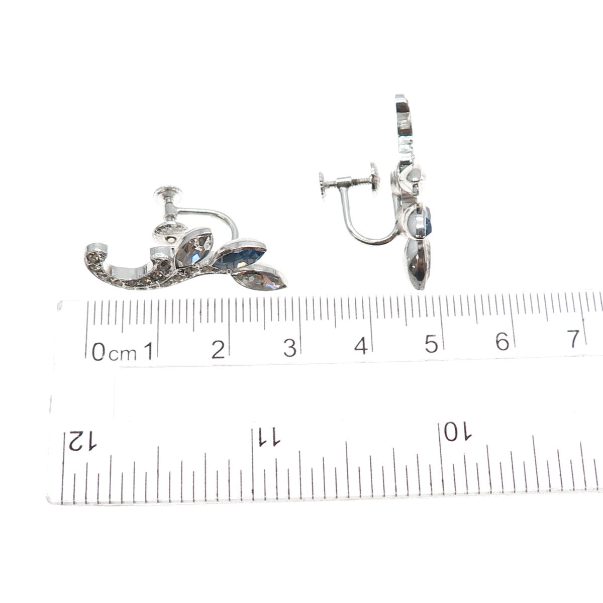 925 Sterling Silver Antique Art Deco Blue & White Rhinestone Screw Back Earrings