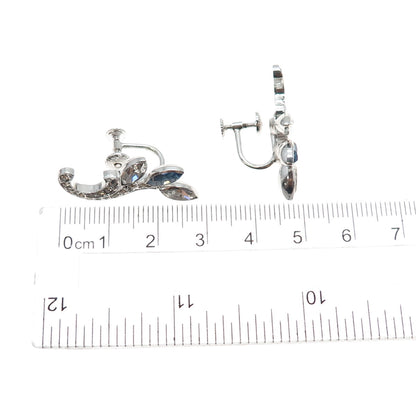 925 Sterling Silver Antique Art Deco Blue & White Rhinestone Screw Back Earrings