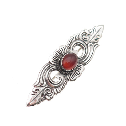 925 Sterling Silver Vintage Real Carnelian Floral Oxidized Pin Brooch