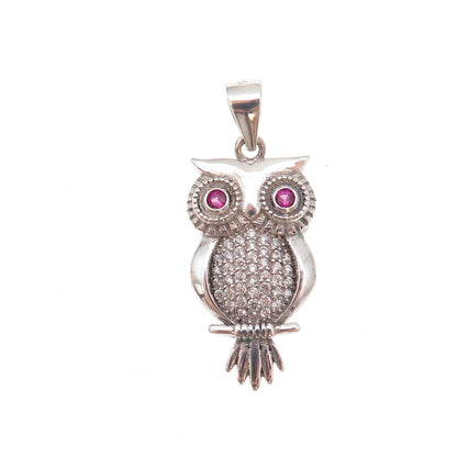 925 Sterling Silver Lab-Created Ruby & C Z Wise Owl Bird Charm Pendant