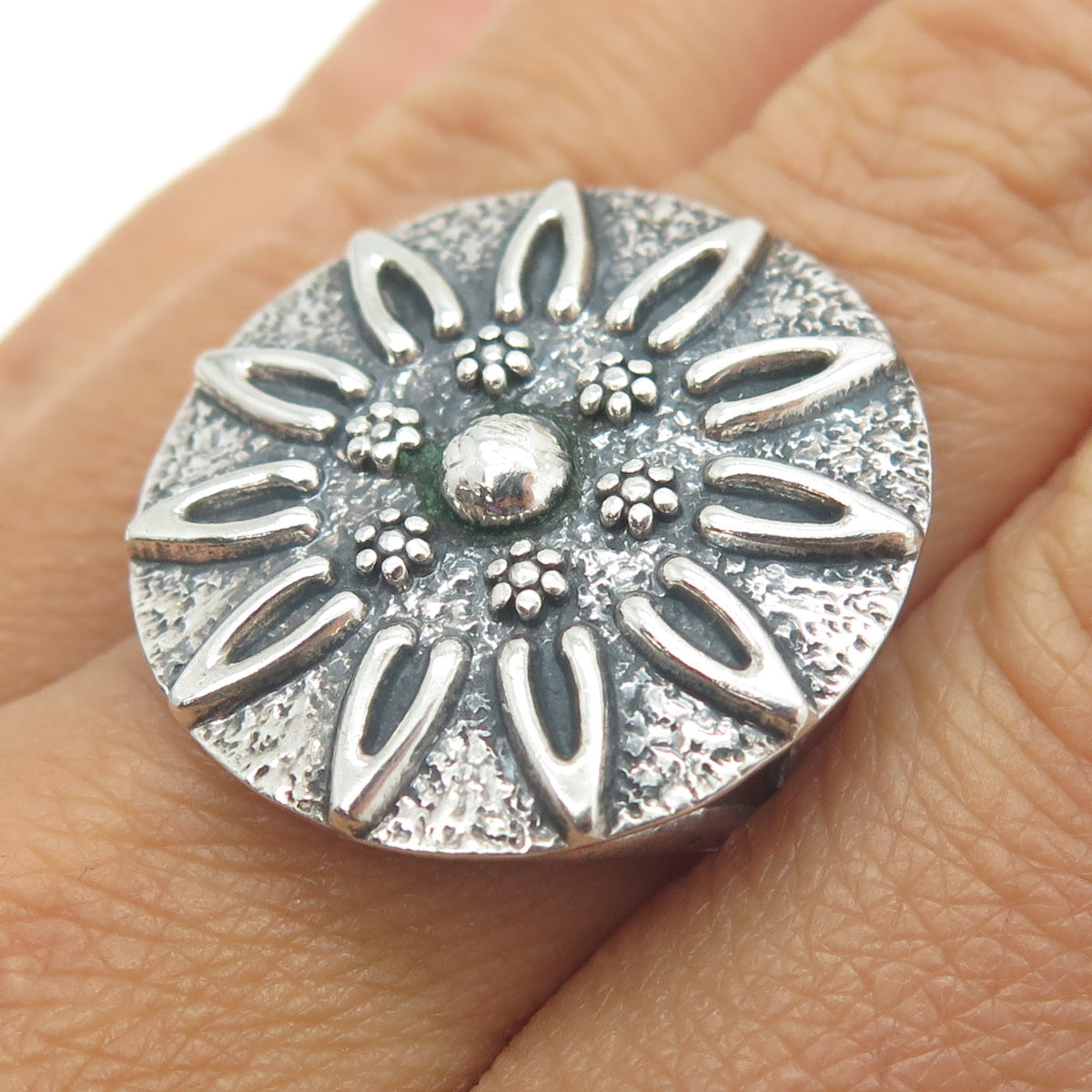 AMPARE 925 Sterling Silver Vintage Mexico Flower Statement Ring Size 7.75