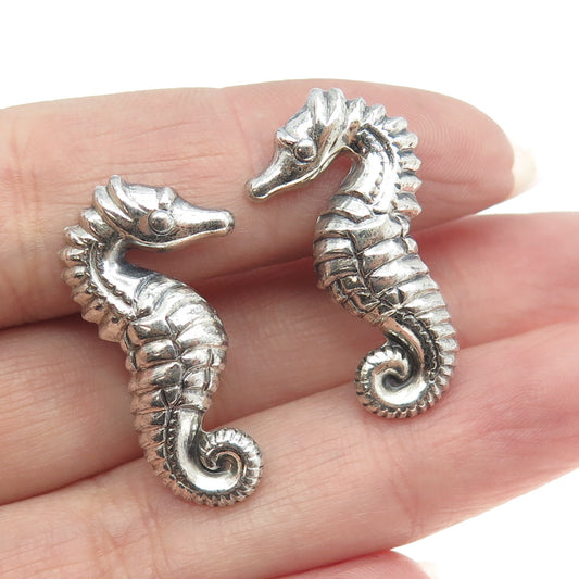 925 Sterling Silver Antique Art Deco Seahorse Repousse Screw Back Earrings