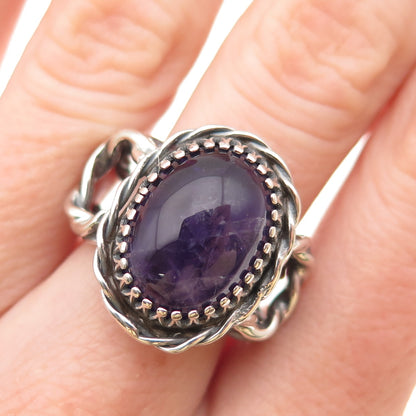 925 Sterling Silver Vintage Real Amethyst Modernist Oxidized Ring Size 6.75