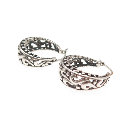 Annika Witt 925 Sterling Silver Vintage Floral Scroll Oxidized Hoop Earrings