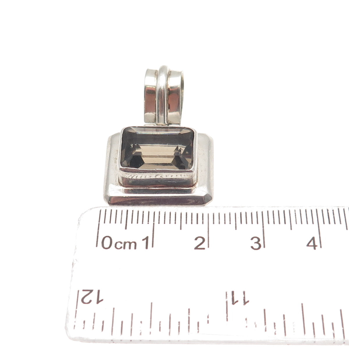 925 Sterling Silver Vintage Real Emerald-Cut Smoky Quartz Charm Pendant