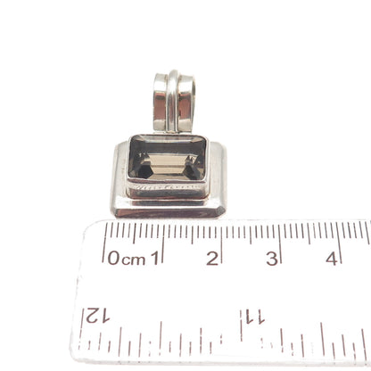 925 Sterling Silver Vintage Real Emerald-Cut Smoky Quartz Charm Pendant