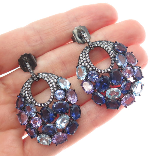 925 Sterling Black Rhodium Blue & White Topaz Amethyst Tanzanite Iolite Earrings
