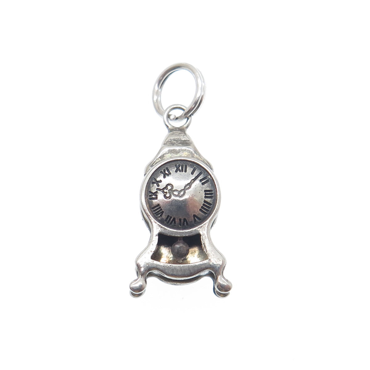 800 Silver Antique Retro Mantle Clock Oxidized Minimalist 3D Charm Pendant