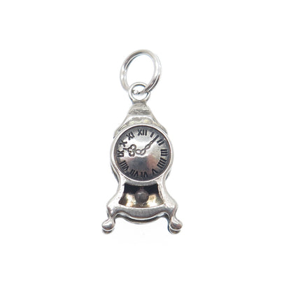 800 Silver Antique Retro Mantle Clock Oxidized Minimalist 3D Charm Pendant