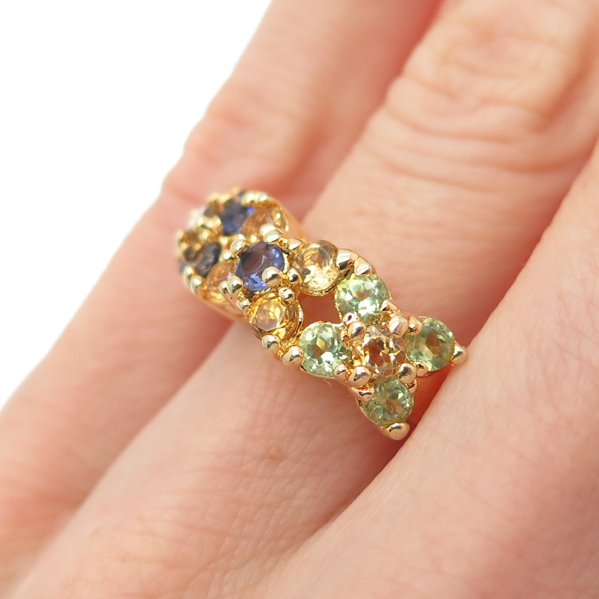 925 Sterling Silver Gold Plated Real Peridot Citrine & Iolite Ring Size 4.75