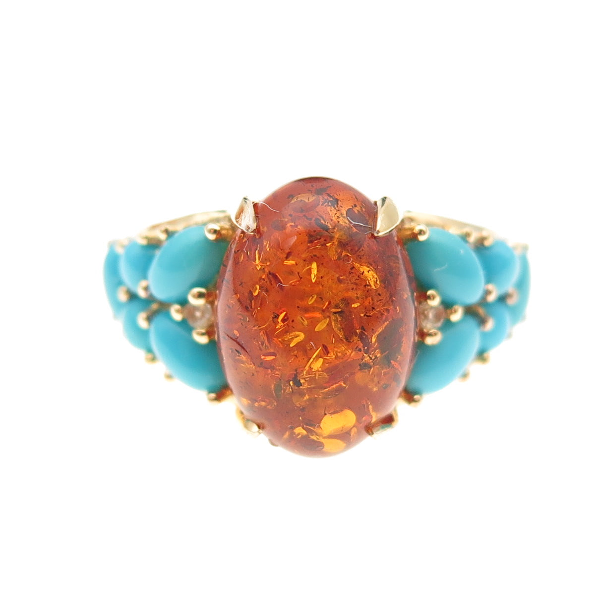 925 Sterling Silver Gold Plated Real Amber Turquoise White Topaz Ring Size 8.25
