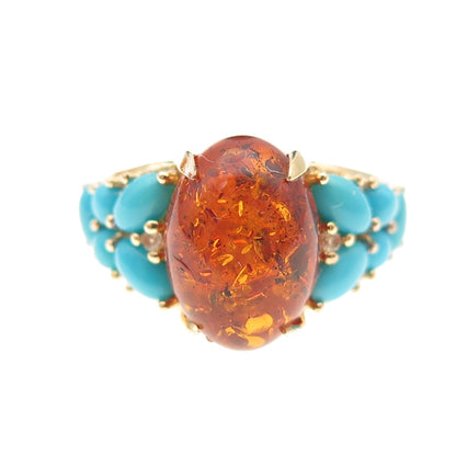 925 Sterling Silver Gold Plated Real Amber Turquoise White Topaz Ring Size 8.25