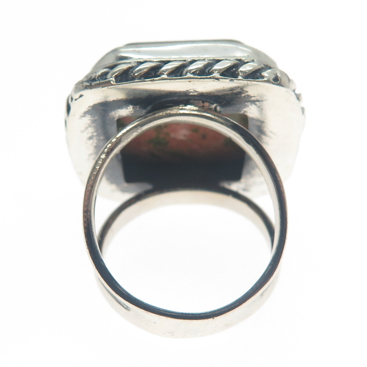 925 Sterling Silver Vintage Real Unakite Twisted Bezel Oxidized Ring Size 8