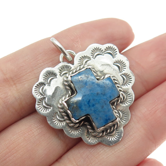 Old Pawn Sterling Silver Vintage Southwestern Lapis Flower Heart & Cross Pendant