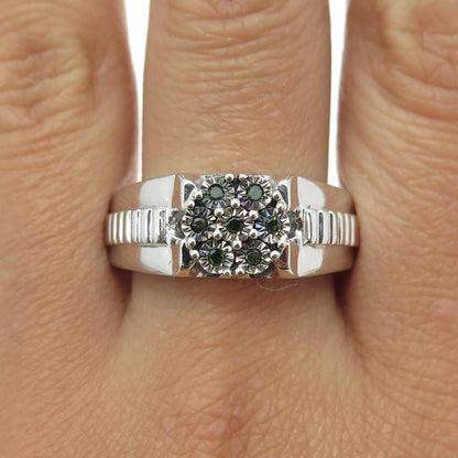 CHUCK CLEMENCY 925 Sterling Silver Real Green Diamond Ring Size 11.25