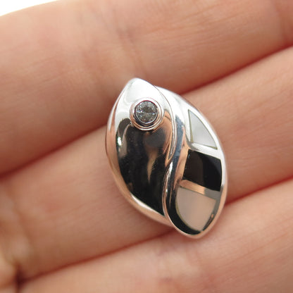 925 Sterling Vintage Real MOP Black Onyx & C Z Petal Mini Slide Charm Pendant