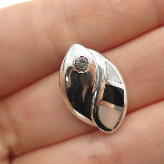 925 Sterling Vintage Real MOP Black Onyx & C Z Petal Mini Slide Charm Pendant