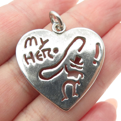 925 Sterling Silver Vintage "My Hero" Cowboy w/ Lasso Heart Pendant