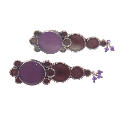 925 Sterling Silver Vintage Real Amethyst Modernist Oxidized Earrings