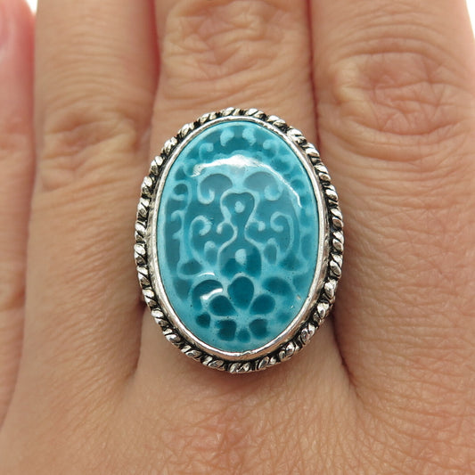 925 Sterling Silver Vintage Turkey Glass Ornate Ring Size 10.25