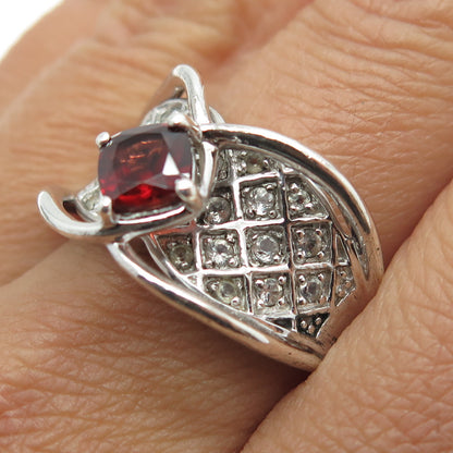 925 Sterling Silver Real White Topaz & Red Garnet Gemstone Ring Size 9.25