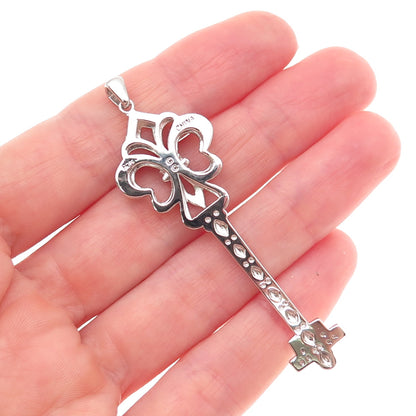 925 Sterling Silver Real Round-Cut Diamond Fleur de Lis Key Pendant