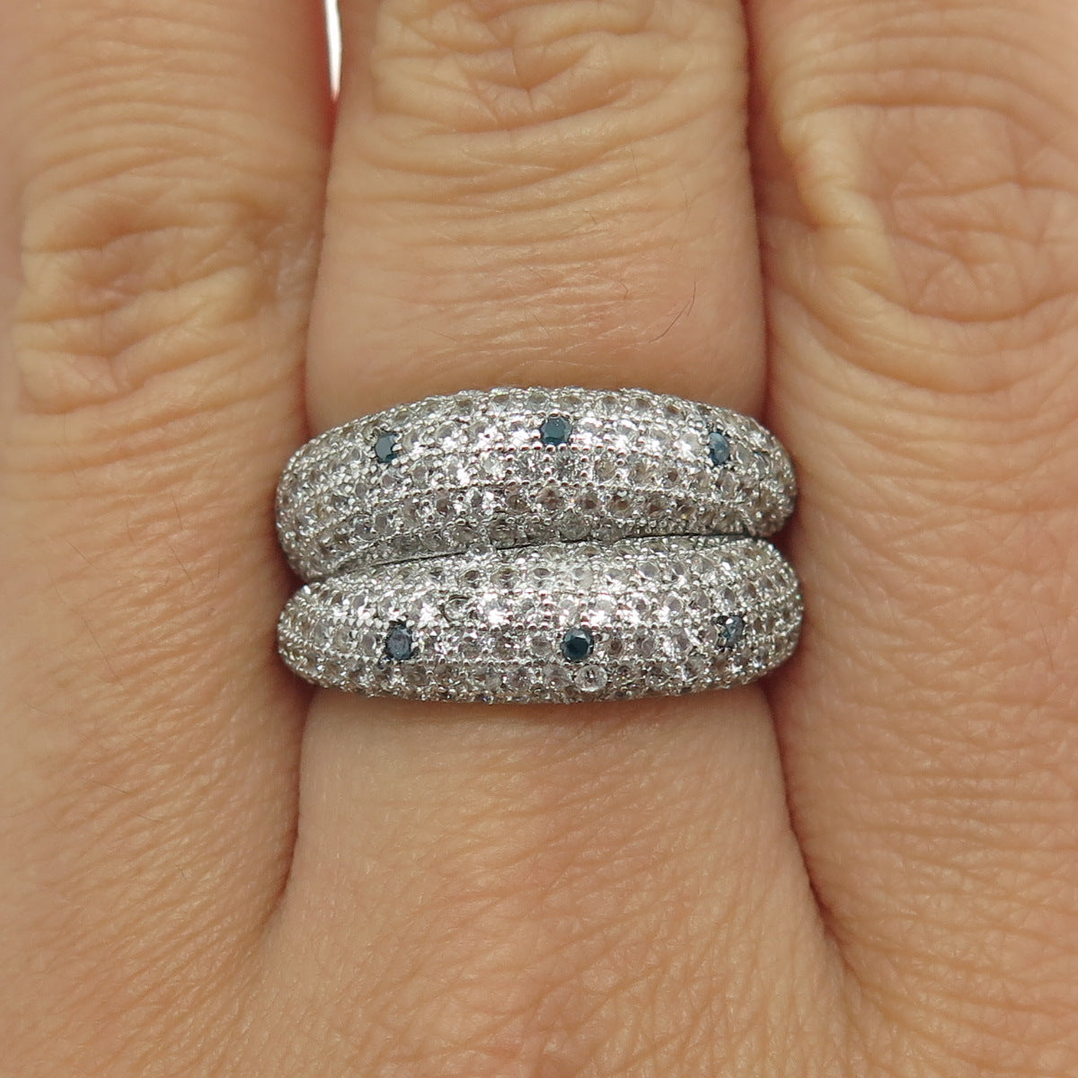 925 Sterling Silver Real Blue Diamond & White Topaz Gemstone Ring Size 7