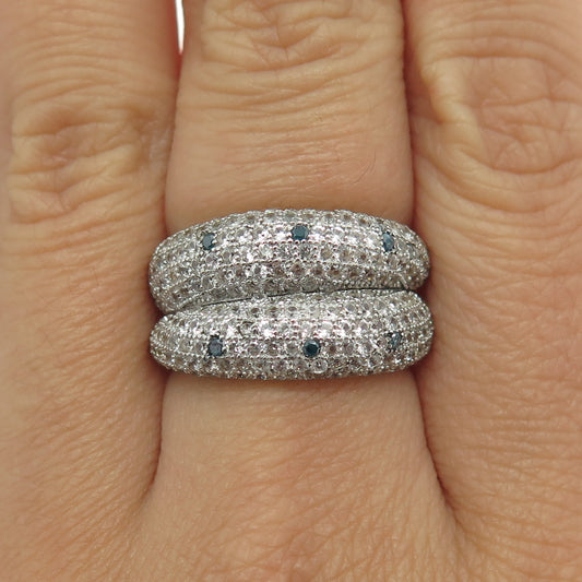 925 Sterling Silver Real Blue Diamond & White Topaz Gemstone Ring Size 7