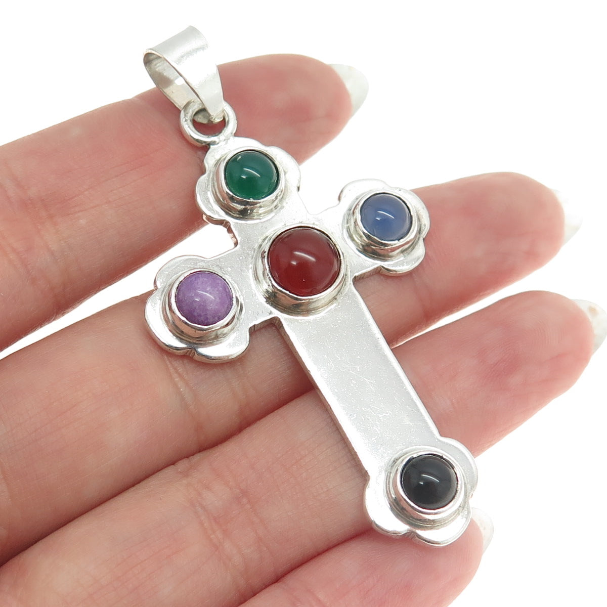 925 Sterling Silver Vintage Mexico Carnelian Blue Chalcedony Gem Cross Pendant