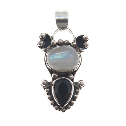 925 Sterling Silver Vintage Real Moonstone & Black Spinel Beaded Pendant