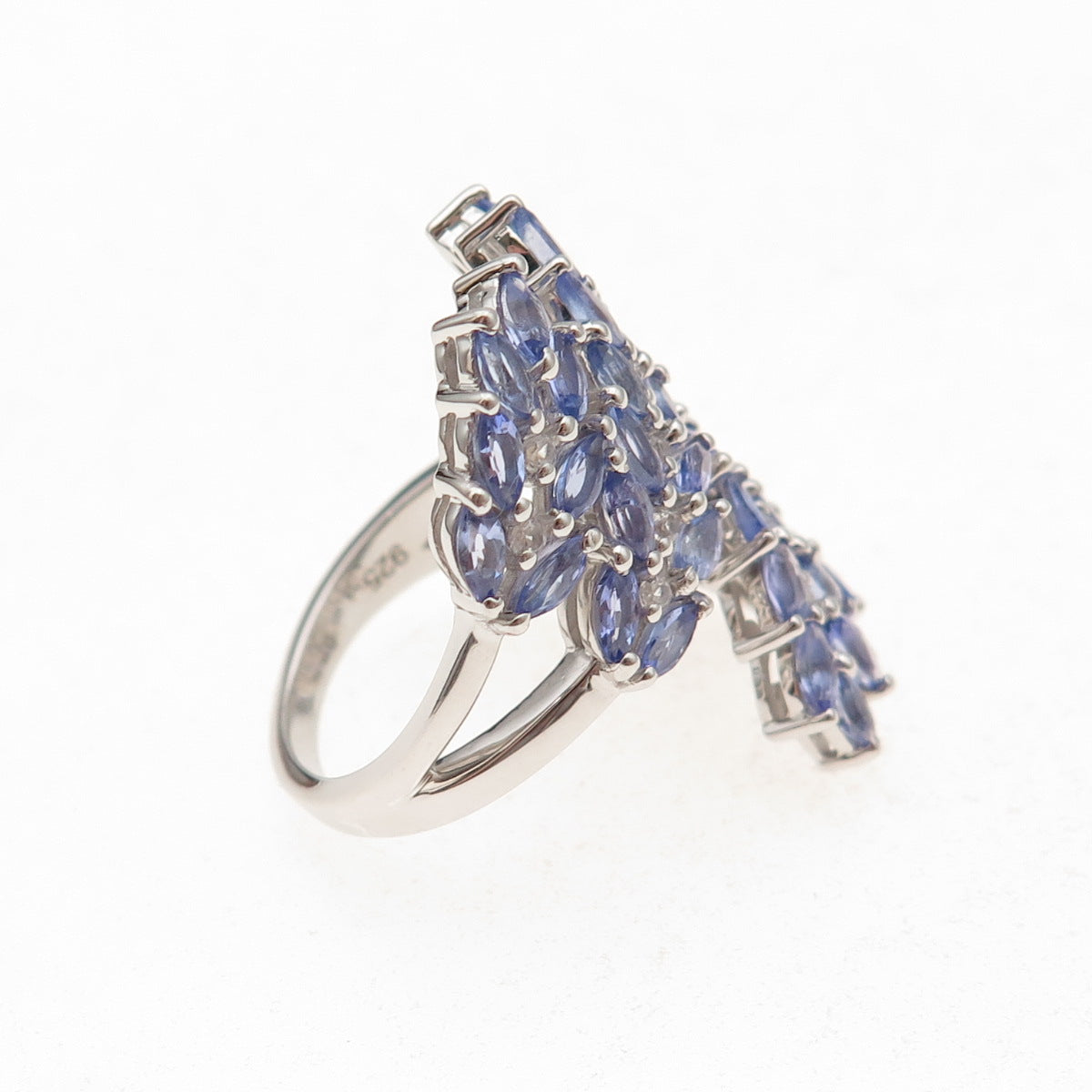 925 Sterling Silver Real Tanzanite & White Topaz Floral Adjustable Ring Size 8