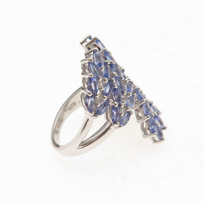 925 Sterling Silver Real Tanzanite & White Topaz Floral Adjustable Ring Size 8