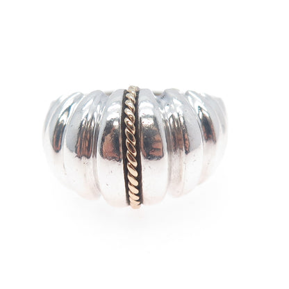 14K Gold 925 Sterling Silver Vintage Modernist Ribbed Oxidized Ring Size 11.75